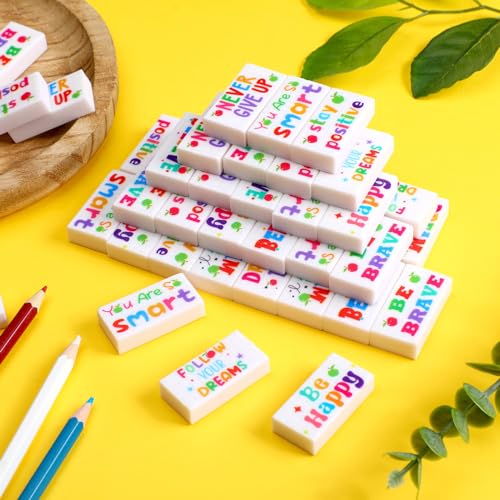 Dunzoom 100 Pcs Back to School Inspirational Pencil Erasers Bulk for Kids Fun Motivational Eraser School Office Supplies for Students Classroom Office Teacher Artists(Lovely) - style: Lovely