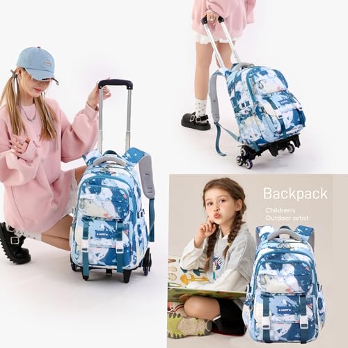 Kids Rolling Backpack for Girls School Backpack with Wheels for Boys Wheeled Bookbags Roller Trolley Bags for Primary Students, 6-Wheel Dark Blue - color: 6 Wheels Dark Blue