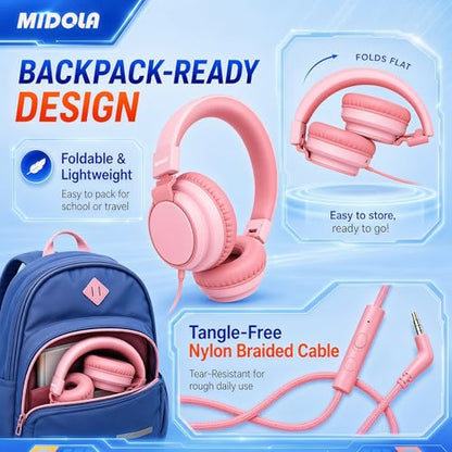 MIDOLA Kids Headphones for School Learning,Volume Limited 85/94dB, Foldable Lightweight Over-Ear Wired Headphones for Kids Toddler Girls Boys 3.5mm for Pad,Headsets with Built-in Mic Pink - color: Pink