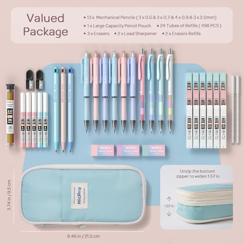Nicpro 45PCS Mechanical Pencils with 462 Lead Refills (Blue) | 0.5mm-2.0mm Cute Mechanical Pencil Pet, School Supplies Stationary Set with Pencil Case for Girl Note-Taking & Back to School - size: 45 PCS