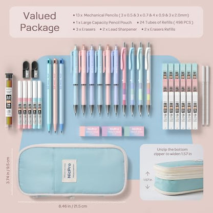 Nicpro 45PCS Mechanical Pencils with 462 Lead Refills (Blue) | 0.5mm-2.0mm Cute Mechanical Pencil Pet, School Supplies Stationary Set with Pencil Case for Girl Note-Taking & Back to School - size: 45 PCS