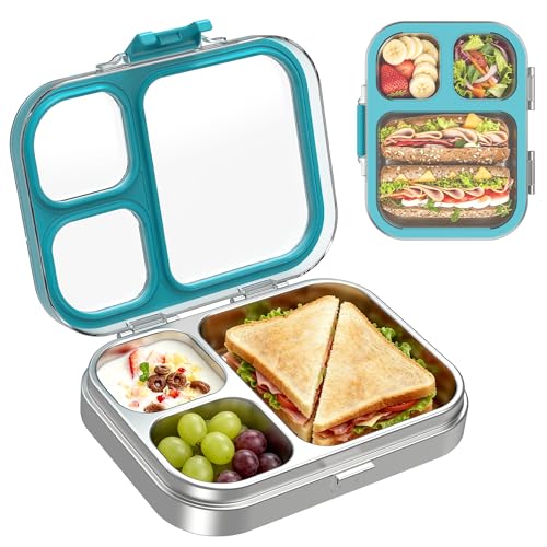 LOHASOK Kids Stainless Steel Lunch Bento Box BPA-Free Leak-Proof Tritan Lid 304 Metal Food Container with 3 Compartments for Girls Boys School Blue - color: Blue, size: 27oz/800ml