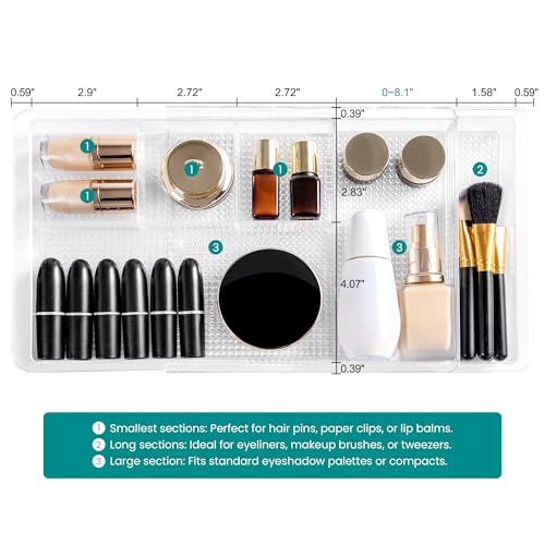 Oubonun Expandable Drawer Organizer 11.1” to 19.2” Width, Shallow Cosmetic Organizer 1.3” Height, 4 Packs, Clear Plastic Storage Trays for Dressing Table,Bathroom - style: Shallow 4 Packs