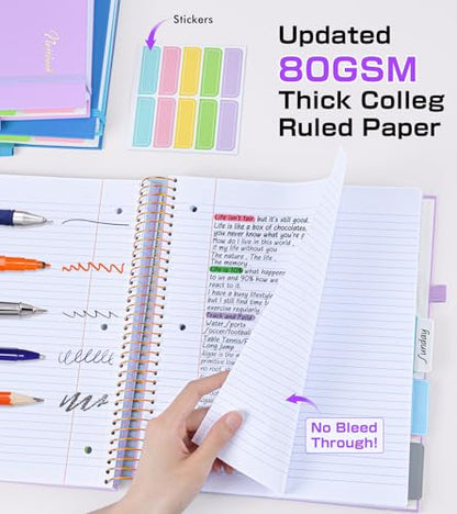 5 Subject Notebook College Ruled,80GSM Paper Thick Hardcover Spiral Notebook Lined Journal with Removable Dividers Tabs,400pages 8.5"x11" Paper Large Notebooks for School Work,3-Hole Punched, Purple - color: Purple