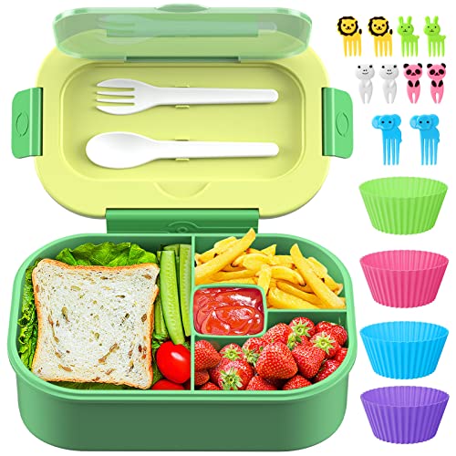 Bento Lunch Box Leakproof 44oz Kids Lunch Box Containers with 4 Compartment, Bento-Style Lunch Bento Box with Cutlery, Reusable Kid Back to School Meal/Snack Packing BPA Free (Green) - color: Green