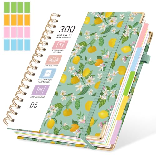 Hardcover Spiral Journal Notebook, 300 Pages 5 Subject Notebook College Ruled with Removable Dividers Tabs, 8" x 10" Notebooks for Work, Spiral Ruled Lined Writing Journal Hardcover Leather Notebook for School (Lemons and Flowers, 8''x 10'') - color: Lemo
