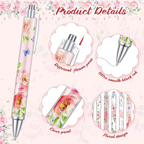 Cholemy 48 Pieces Flower Pens Bulk Spring Floral Ballpoint Pens Colorful Floral Retractable Black Ink for Women Spring Flower Writing Journaling Gifts Office Supplies - style: Spring
