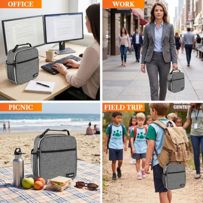 opux Insulated Lunch Bag for Kids Boys Girls, Small Compact Lunch Box with Wide Opening & Mesh Pockets, Reusable Lunch Pail for School, Work, Adults, Men, Women, Light Grey - color: Light Grey