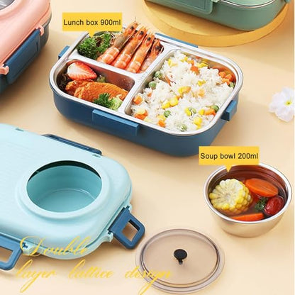 Bento Lunch Box, 304 Stainless Steel Portable Leakproof Lunch Food Containers Set with 3 Compartment for Adults - with Chopsticks Spoon Soup Bowl Gift for Friends, Family (Beige)