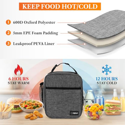 opux Insulated Lunch Bag for Kids Boys Girls, Small Compact Lunch Box with Wide Opening & Mesh Pockets, Reusable Lunch Pail for School, Work, Adults, Men, Women, Charcoal - color: Charcoal