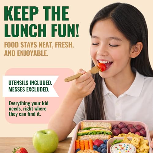 GreenLunch Bento Lunch Box for Kids, Large 2-Compartment, Durable and Microwave Safe, BPA-Free with Utensils, Wheat Straw Snack Containers for Kids – Pink - color: Pink