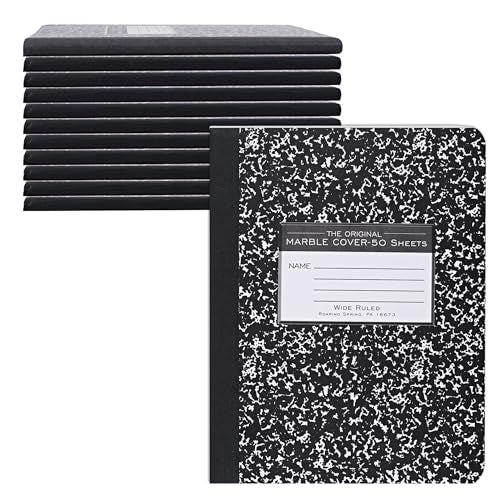 ROARING SPRING Hard Cover Composition Notebook, 12 Pack, Black Marble Comp Book, 9.75″ x 7.5″, Wide-Ruled with Margin, 50 Sheets (100 Pages), Made in USA - size: 9.75" x 7.5", style: 12 Pack - Wide-Ruled - 50 Sheets - Black Marble