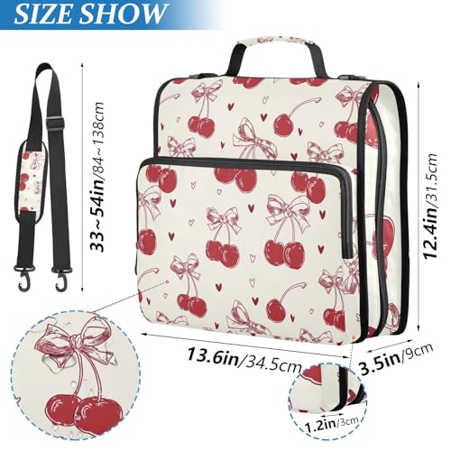 3 Ring Zipper Binder with Shoulder Strap Red Bow Cherry Love 2 Inch Zippered Binder Bag 500 Sheet Capacity Multi Pockets for School Supplies - color: Multi40