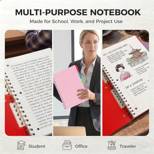Koogel Spiral Notebook with Tabs, 5 Subject Spiral Notebook Wide Ruled with Removable Dividers, 200Pages Lined Journals for Women Journals Note Taking Work School Gifts, 8.5x11Inch, Pink - color: pink