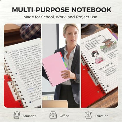 Koogel Spiral Notebook with Tabs, 5 Subject Spiral Notebook Wide Ruled with Removable Dividers, 200Pages Lined Journals for Women Journals Note Taking Work School Gifts, 8.5x11Inch, Pink - color: pink