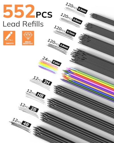 Four Candies 27PCS Metal Mechanical Pencil Set, Art Supplies with Case | 0.3, 0.5, 0.7, 0.9 mm & 2PCS 2mm (HB 2H 2B 4B Color) with 552 Lead Refills, Technical Drafting Drawing Kit for Teen & Adults - style: 0.3mm+0.5mm+0.7mm+0.9mm+2.0mm