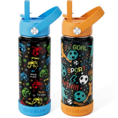 Fimibuke Kids Insulated Water Bottle, 18oz BPA FREE Kids Cup with Straw Double Wall Vacuum Travel Tumbler 18/8 Stainless Steel Leak Proof Toddler Water Bottle for School Boys Girls, 2 Pack - color: Game & Soccer
