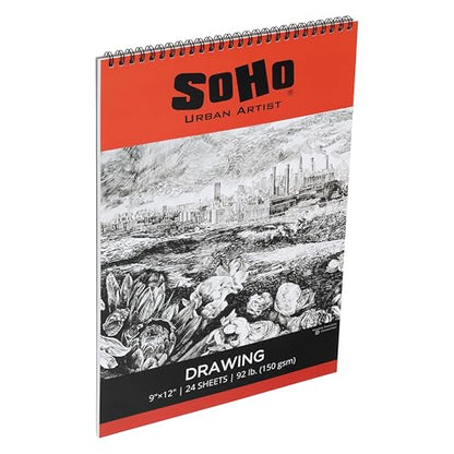 SoHo Urban Artist Softcover Drawing Pad - 9"x12" - 92 lbs/150gsm, Mixed Media, 24 Dual-Sided Sheets, Acid-Free, Wire-Bound, Micro-Perforated, Repeated Erasing & Reworking - size: 9"x12"