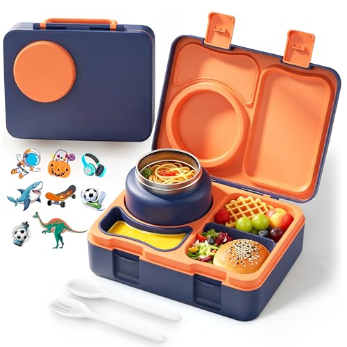 Bento Box for Kids, Leakproof Kids Bento Lunch Box Container with 8oz Insulated Thermo Food Jar, Sauce Jar, Utensil, DIY Stickers for School Boys Girls, 3-4 Compartments, BPA-Free - color: Navy Orange