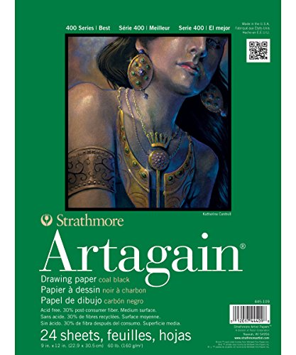 Strathmore 400 Series Artagain Pad, Coal Black Paper, Glue Bound, 9x12 inches, 24 Sheets - Artist Paper for for Adults and Students, Pastel & Charcoal - color: Coal Black, size: 9x12