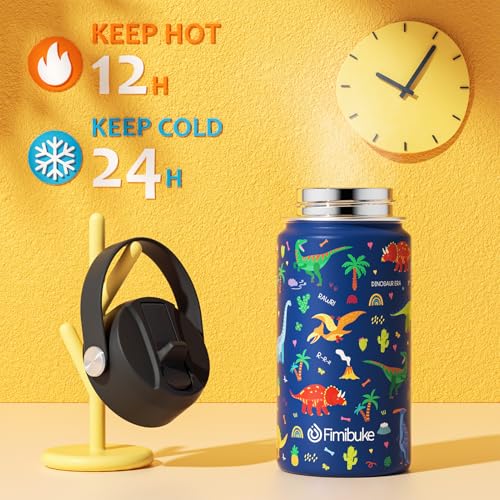 Fimibuke Kids Insulated Water Bottle, 14oz BPA FREE 18/8 Stainless Steel Travel Tumbler Double Wall Vacuum Leak Proof Kids Cup with Straw Metal Bottle for School Boys Girls(1 Pack, BLUE DINOSAUR) - color: A11. BLUE DINOSAUR