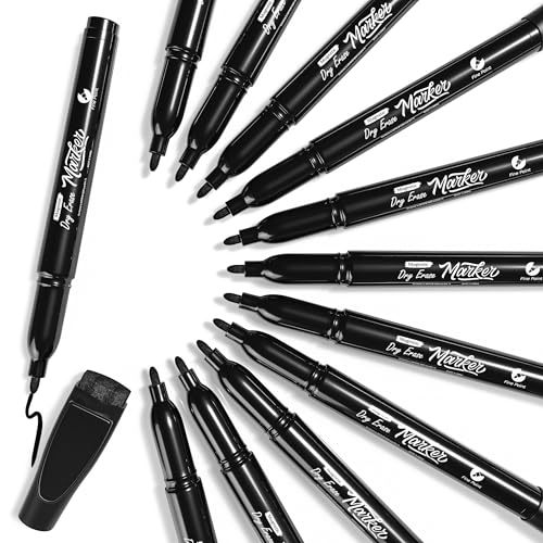 Scribbledo 12 Pack Magnetic Dry Erase Markers Black Fine Tip Whiteboard Markers with Eraser Cap Thin Low Odor Skinny White Board Markers for Adults Students Teachers Art Home School & Office - style: 12 Pack