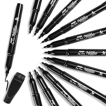 Scribbledo 12 Pack Magnetic Dry Erase Markers Black Fine Tip Whiteboard Markers with Eraser Cap Thin Low Odor Skinny White Board Markers for Adults Students Teachers Art Home School & Office - style: 12 Pack