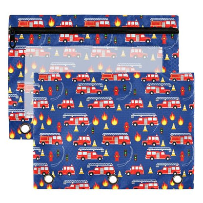 Fire Fightine Truck Binder Pouches 3 Ring for Boys Girls School Office College Supplies Cars Pencil Pouches Case Bag with Clear Window and Zipper 2 Pack - color: Fire Engine