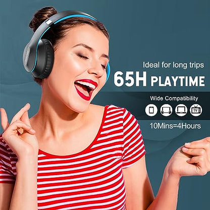 Wireless Bluetooth Headphones Over Ear 65H Playtime HiFi Stereo Headset with Microphone and 6EQ Modes Foldable Bluetooth V6.0 Headphones for Travel Smartphone Computer Laptop - color: Blue