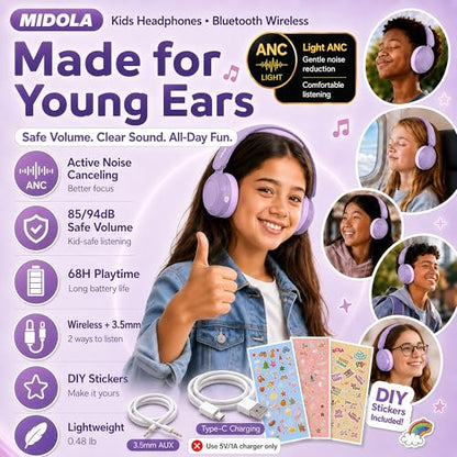 MIDOLA Kids Bluetooth Headphones Active Noise Cancelling Lightweight Wireless Headphone for Kid Volume Limited 85/94dB Foldable Over-Ear with Mic,68 Hours Playtime,for Toddler Child Lavender Purple - color: Lavender Purple
