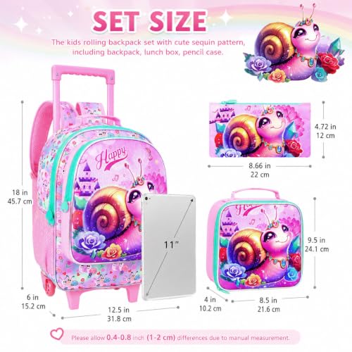 3Pcs Rolling Backpack for Girls, Snail Roller Bookbag with Lunch Box, Kids School Backpacks with Wheels for Elementary Preschool(Pink) - color: Snail Pink
