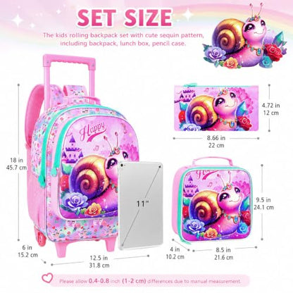 3Pcs Rolling Backpack for Girls, Snail Roller Bookbag with Lunch Box, Kids School Backpacks with Wheels for Elementary Preschool(Pink) - color: Snail Pink