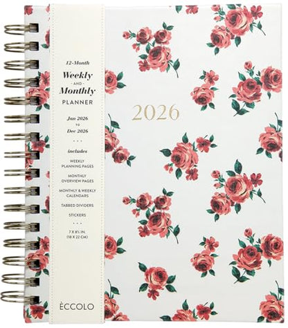 WORLD TRAVELER 2026 Planner Weekly & Monthly Hardcover Spiral Agenda | Hardcover Spiral Lay-Flat Binding, Weekly and Monthly Planning Pages, January to December 2026, 7x8.75 Compact Format - color: Red Roses