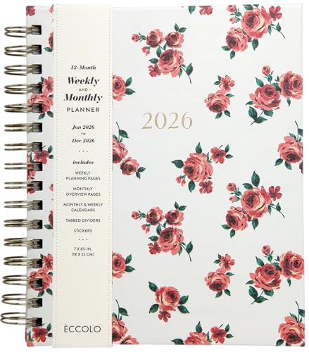 WORLD TRAVELER 2026 Planner Weekly & Monthly Hardcover Spiral Agenda | Hardcover Spiral Lay-Flat Binding, Weekly and Monthly Planning Pages, January to December 2026, 7x8.75 Compact Format - color: Red Roses