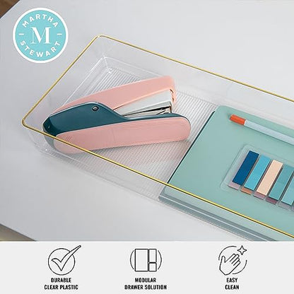 Martha Stewart Kerry Plastic Stackable Office Desk Drawer Organizers, 15" x 6", 2 Pack, with Gold Trim - size: 15" x 6"