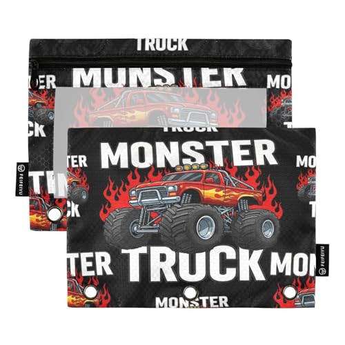 Gredecor Binder Pencil Pouch 3 Ring Monster Truck with Fire Black Zipper Pencil Pouches Case 2 Pack Clear Binder Organizer for Kids School Office - color: Monster Truck With Fire Black