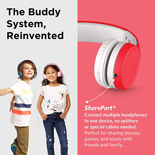 LilGadgets Connect+ Foldable Headphones, Adjustable Fit Soft Touch Padding for Kids with Mic, Volume-Limited & Noise Reduction On-Ear Wired Headset for School with SharePort - Red, Ages 3-14 - color: Red