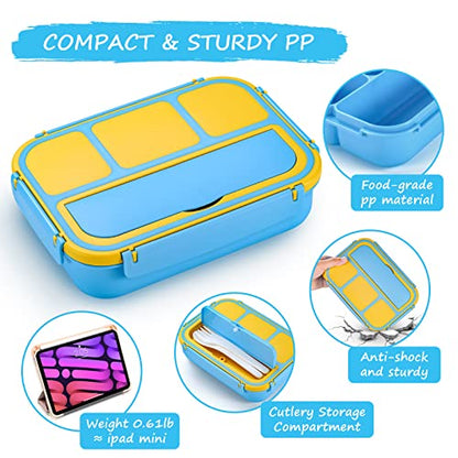 QQKO Bento Lunch Box for Kids Girls Boys, Toddler Kids Lunch Boxes for School, Lunch Containers for Adults with 4 Compartments, Sauce Container, Utensils, Food Picks and Muffin Cups, Blue - color: Blue