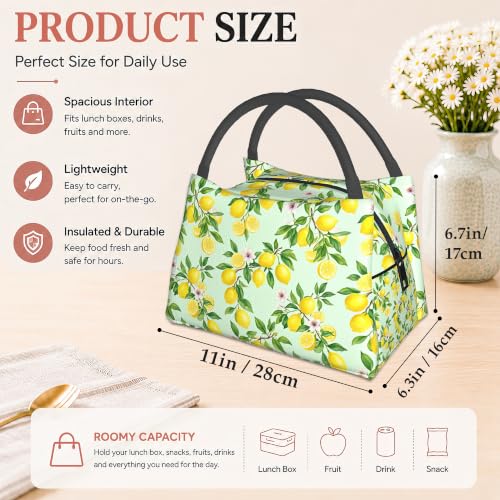 Lemon Reusable Lunch Bag,Green Leaf Insulated Small Lunch Box for Kids Adult Women,Leakproof Cooler Tote Bags for Student Teacher Work Camping Picnic School - color: Lemon