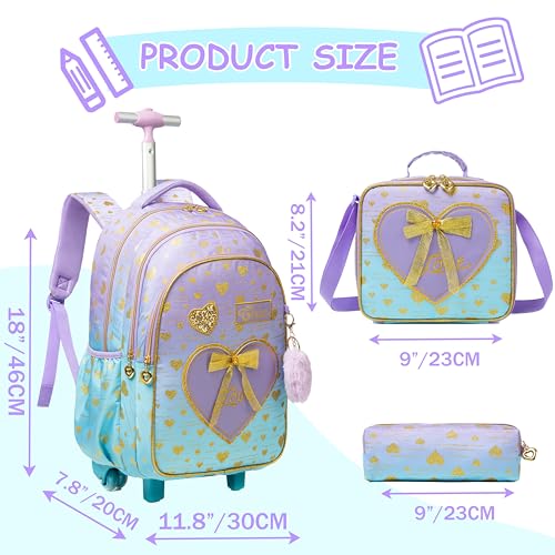 Backpack with Wheels for Girls 8-12 Rolling Backpack for Girls with Lunch Box Backpacks for Kids Cute Bowknot Travel Roller Wheeled Bookbag - color: Blue Purple