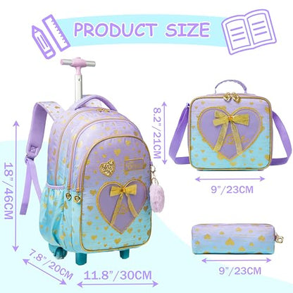 Backpack with Wheels for Girls 8-12 Rolling Backpack for Girls with Lunch Box Backpacks for Kids Cute Bowknot Travel Roller Wheeled Bookbag - color: Blue Purple