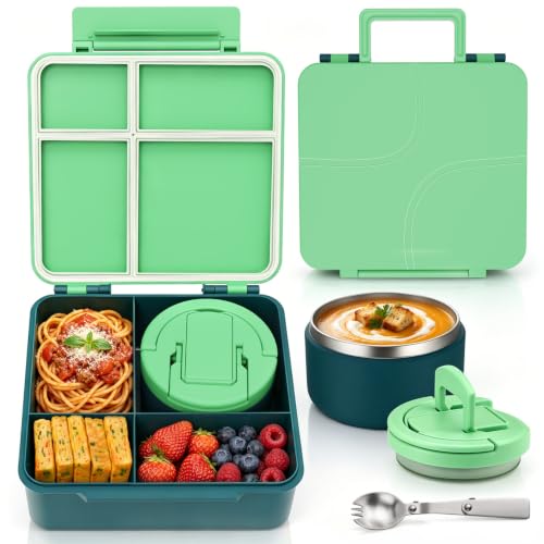 MAXSO Bento Lunch Box Set for Kids with 8 oz Soup Thermo, Leakproof Hot Food Container with 4 Compartments, Insulated Food Jar for Toddler Daycare Boys Girls School - Green - color: Green