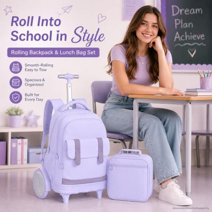 gxtvo Large Wheels & Quiet Glide | Rolling School Backpack for Women & Girls - Water-Resistant Wheeled Bag with Lunch Box for Office, Travel & College - Purple - color: Rolling Backpack Reflective Purple