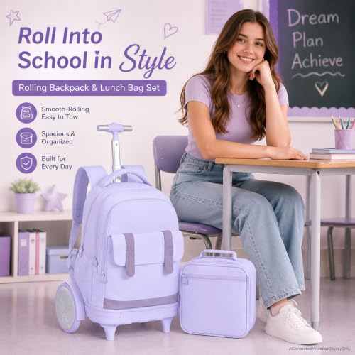 gxtvo Large Wheels & Quiet Glide | Rolling School Backpack for Women & Girls - Water-Resistant Wheeled Bag with Lunch Box for Office, Travel & College - Purple - color: Rolling Backpack Reflective Purple