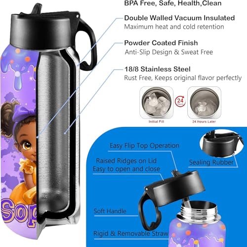 D-Story Custom Water Bottles Back to School Gift for Girls 18Oz Personalized Stainless Steel Double Wall Insulated Water Bottle with Straw Lid Customized Name Princess Bottles Daughter Birthday Gifts - color: Design 21