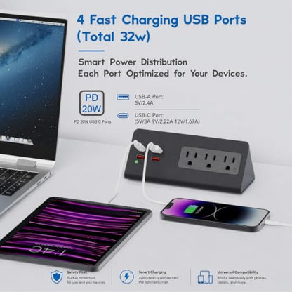 Nightstand Charging Station with PD 20W USB C, Nightstand Edge Power Strip with 3 AC Outlets, 4 Fast Charging USB Ports, Connect 6.56FT Flat Plug, Desk Surge Protector for Office Home Hotel, Black - color: Black
