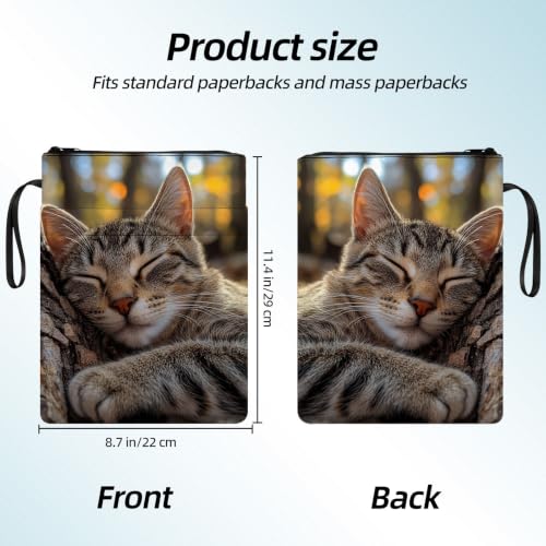 Padded Book Sleeve with Zipper & Front Pocket, Fabric Book Cover | Cute Sleeping Tabby Cat Tree11.4"x8.7" Washable Canvas Pouch for Hardcovers, Tablets & Reading Accessories - color: Cute Sleeping Tabby Cat Tree