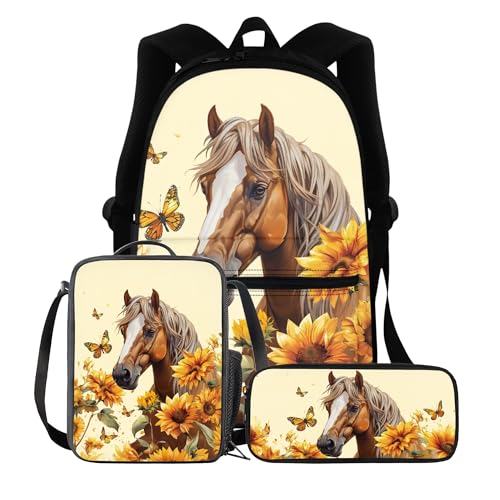 BIGCARJOB Kids School Backpack For Girls,Animal Cow Sunflower Bookbag for Kids Teens Middle School Animal Print Backpack for School Teens Large Rucksack Schoolbags Set with Lunch Box Pen Bags - color: Animal Cow Sunflower, size: One Size