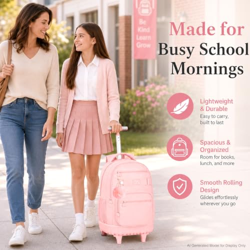 HPJGD 3PCS Girls Rolling Backpack, Womens Pink School Backpacks with Wheels, Water Resistant Roller Kids Wheeled Bookbag Set - color: Classic Pink Rolling Backpack Set