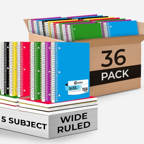 Rosmonde 36 Pack Spiral Notebook, 5 Subject, Wide Ruled, 300 Pages/Book (150 Sheets), 8 x 10-1/2", Bulk School & Office Spiral Notebooks, Sturdy Spiral Journal Notebook, Soft Cover, Assorted Colors - size: 36 Pack
